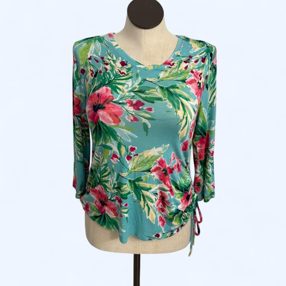 Palm Grove Blue Medium Tropical Floral Print Women's Top